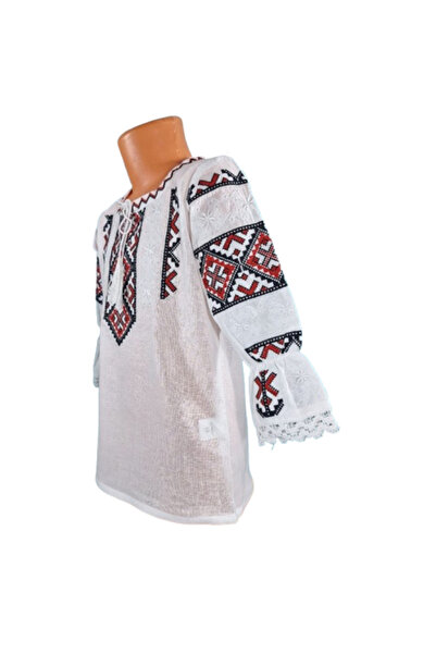 OEM National blouse, cotton for girls. White with red-black geometric embroidery, 6 years