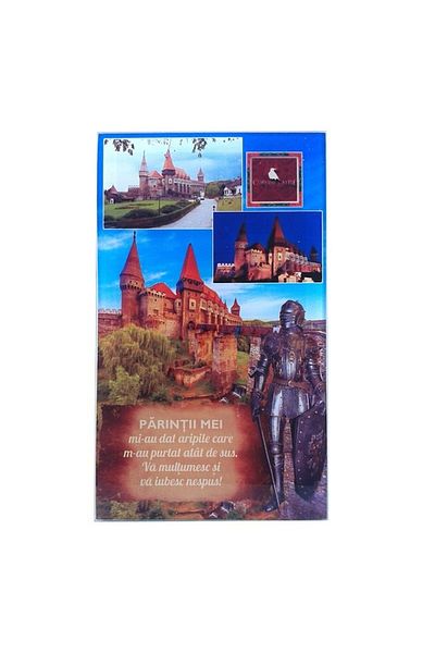 OEM Glass Decoration with Corvin Castle and Dedication for Parents, M7, 10x17 cm