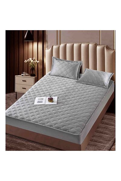 JOJO HOME Husa de pat si 2 fete de perna, Jojo Home, Catifea, Model Romburi, Topper Matlasat, 140x200cm, Gri D