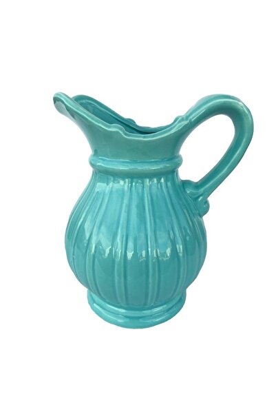 OEM Ceramic Vase in Pitcher Shape with Stripes, Turquoise, 13x18 cm