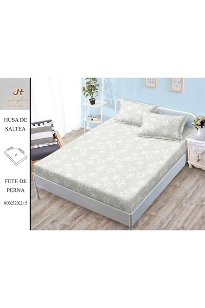 OEM Husa de Pat, cu Elastic, 3 Piese, Bumbac Satinat, 180x200cm, Imprimeu Stele, Gri Deschis-Alb