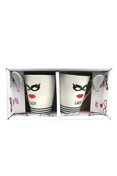 OEM Set de două cești cu lingurițe cu textul „Lady”, ceramică, 23X11 cm, M1