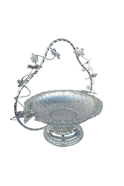 OEM Metal Fruit Bowl with Handle and Flowers, Silver, 33x33 cm