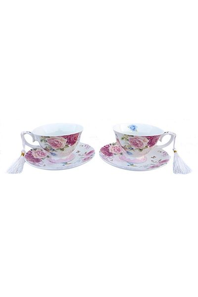 OEM Set din ceramica format din 2 cesti, decorate cu snur, cu farfurii, ambalate intr-o cutie eleganta,