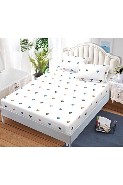 OEM Husa de Pat, cu Elastic, 3 Piese, Bumbac Satinat, 180x200cm, Imprimeu Inimioare, Multicolor