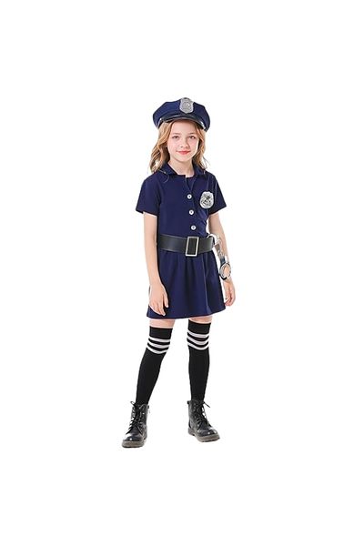OEM Girl's Police Costume, Set with Cap, Whistle and Handcuffs, 5-6 years, 130 cm, Navy Blue