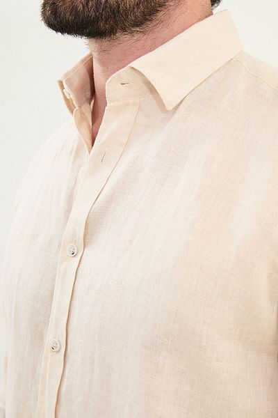 Mcr Plain Slim Fit Long Sleeve 100% Linen Men's Shirt Beige - 27079.25Y