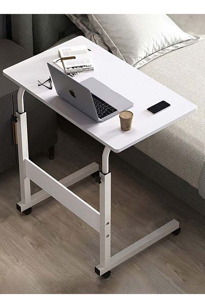 Taimi Side Table with Wheels Adjustable Height Laptop Table For Sofa, Bed and Living Room 60X40CM - White