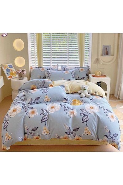 OEM Lenjerie de pat dublă, imprimeu floral, cearșaf reversibil, 6 piese, 230x245cm, Finet, albastru-bej