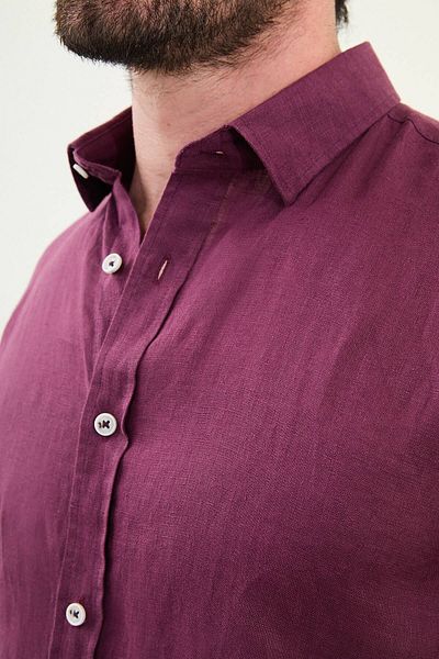 Mcr Plain Slim Fit Long Sleeve 100% Linen Men's Shirt Plum - 27079.25Y
