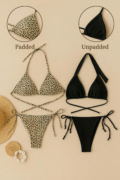 Imoda Kadın Siyah ve Leopar Yandan ve Boyundan Bağlamalı Bikini Mayo Takımı