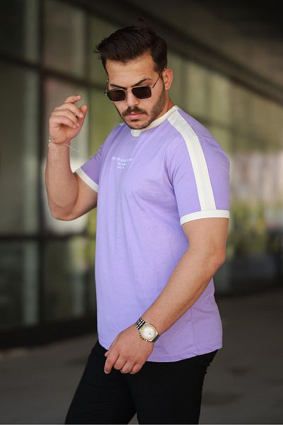Miron Men's Crew Neck Lilac White Stripe Detailed Embroidered 100% Cotton T-Shirt - 2533