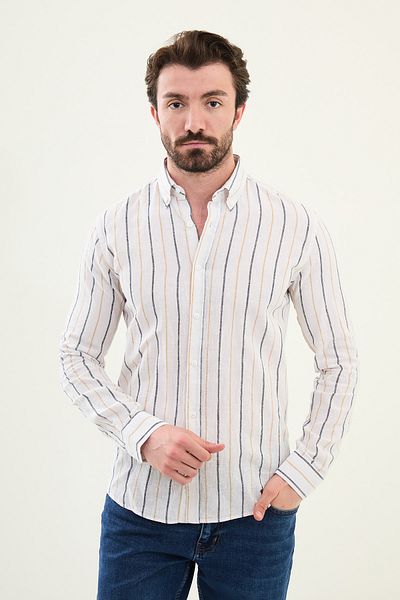 Mcr Striped Slim Fit Linen Men's Shirt White-Beige - 27078.25Y