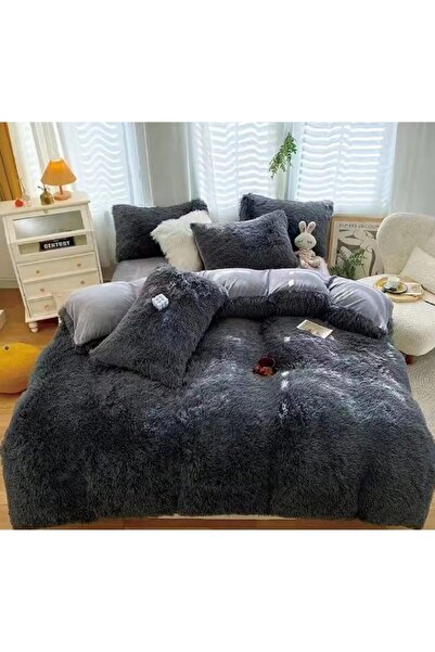 OEM Lenjerie de pat, Fluffy, 2 persoane, 4 piese, Uni, 220x240cm, Gri Inchis