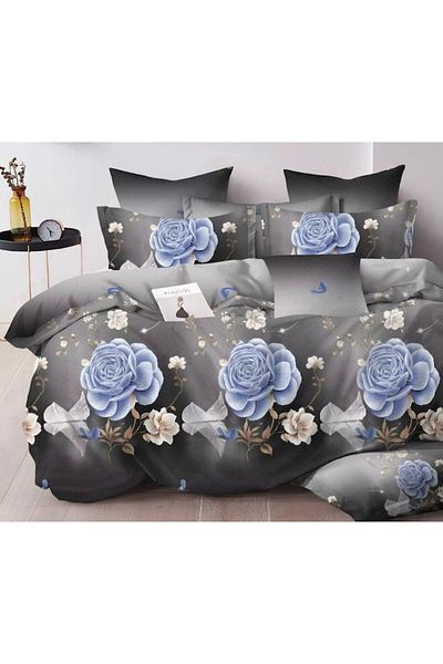 OEM Double Bed Linen, Blue Rose Print, Reversible Sheet, 6-piece, 2-person, 230x245cm, Finet, Multicolor