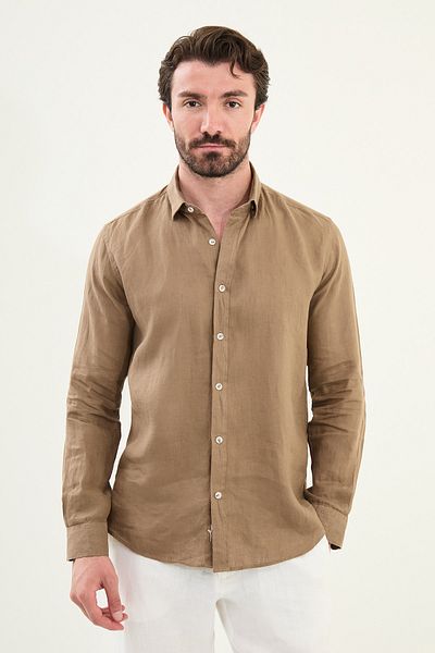 Mcr Plain Slim Fit Long Sleeve 100% Linen Men's Shirt Mink - 27079.25Y