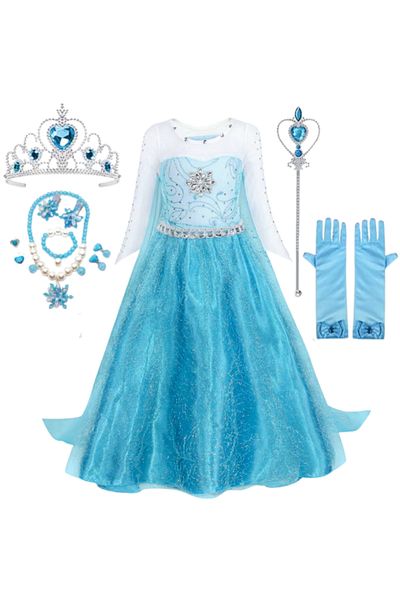 OEM Elsa Frozen Dress, Set with Crown, Jewelry and Accessories, Fine Fabric, 6-7 years, 140 cm,