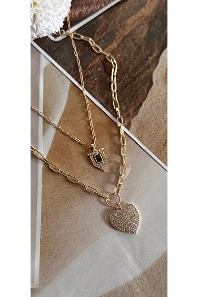 KAD COLLECTION Double Serenay Necklace with Heart and Green Stones