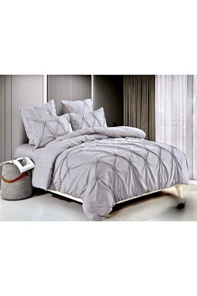 OEM Double Bed Linen, Uni, Embroidered Pleats Design, 6 Pieces, Finet, 230x250cm, Grey
