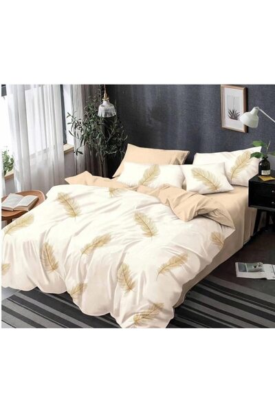 Pucioasa Set lenjerie de pat dublă, Finet, 6 piese, 2 persoane, pene bej, 245x250cm, alb-bej
