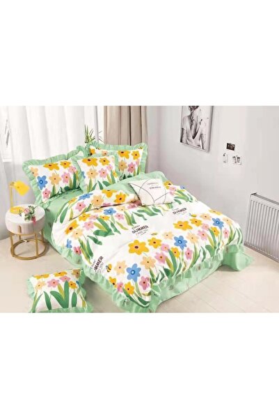 OEM Lenjerie de pat, 6 piese, 2 persoane, 230X250cm, Finet, Imprimeu Flori de Vara, Multicolor