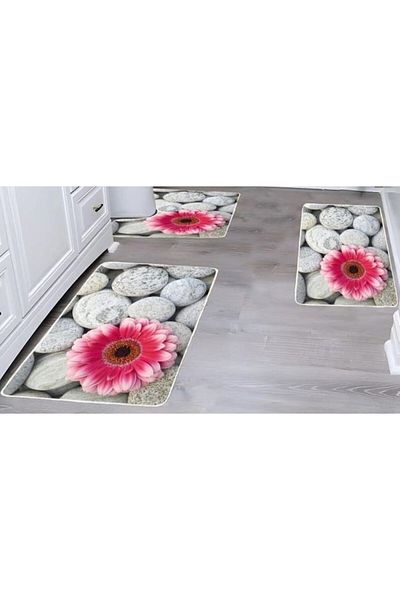 OEM Set 3 covoare de Baie, Antiderapant, imprimeu Gerbera, 50x60cm, 50x80cm, 60x100cm, Multicolor