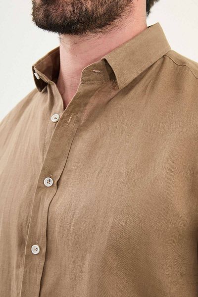 Mcr Plain Slim Fit Long Sleeve 100% Linen Men's Shirt Mink - 27079.25Y