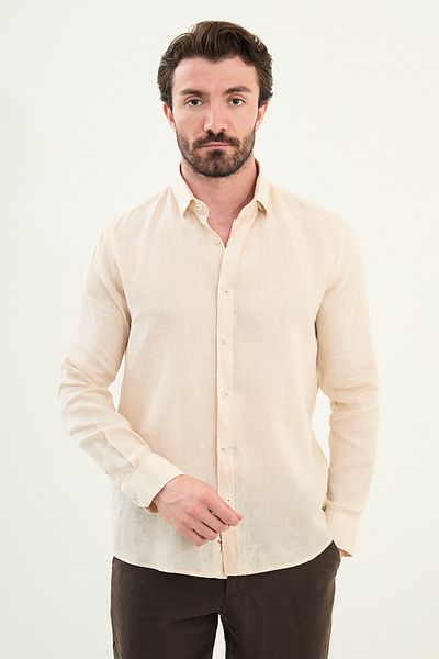 Mcr Plain Slim Fit Long Sleeve 100% Linen Men's Shirt Beige - 27079.25Y