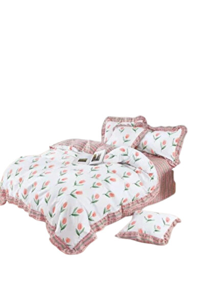 OEM Lenjerie de pat, 6 piese, 2 persoane, 230X250cm, Finet, Imprimeu Lalele, Multicolor