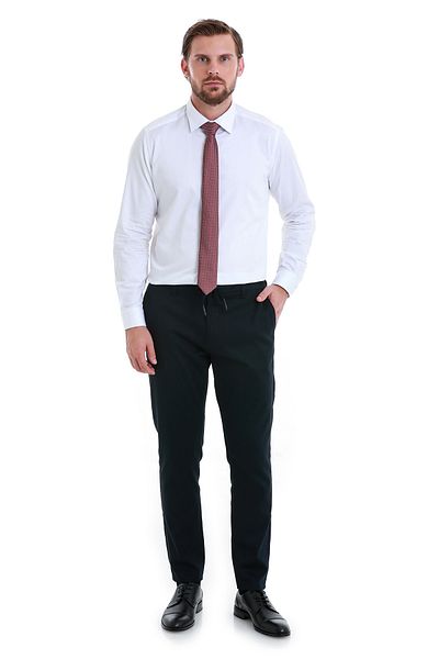 Hatemoğlu White Slim Fit Plain 100% Cotton Slim Neckline Long Sleeve Satin Shirt