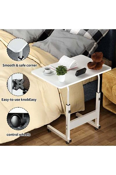 Taimi Side Table with Wheels Adjustable Height Laptop Table For Sofa, Bed and Living Room 60X40CM - White