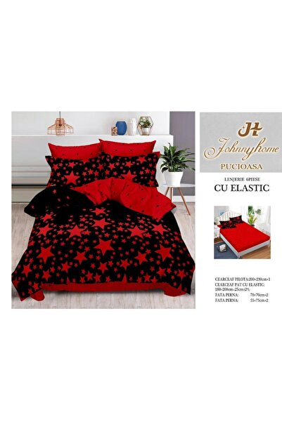 OEM Double bed linen set, Two Faces, red stars, 6 pieces, 180x200cm, fine satin, black-red