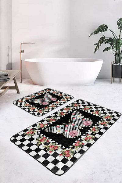 Realhomes Pink Rose and Butterfly Patterned 2-Piece Bath Mat Set on Checkered Black and White