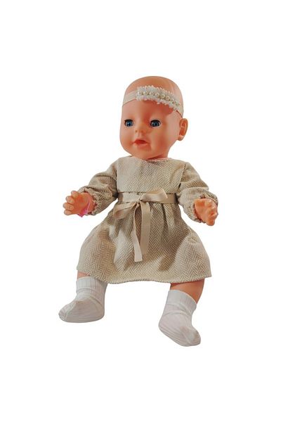 PROCART Păpușă interactivă, rochie cu fundă, oliță, suzetă, scutec, biberon, urinat, 45 cm