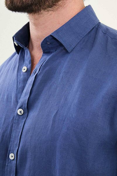 Mcr Plain Slim Fit Long Sleeve 100% Linen Men's Shirt Light Navy Blue - 27079.25Y