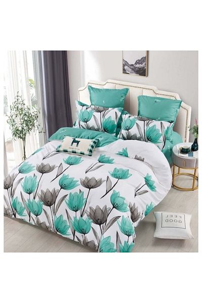 JOJO HOME Lenjerie de pat, Jojo Home, imprimeu Green And Gray, 6 piese, 2 persoane, 245x250cm, Finet Superior