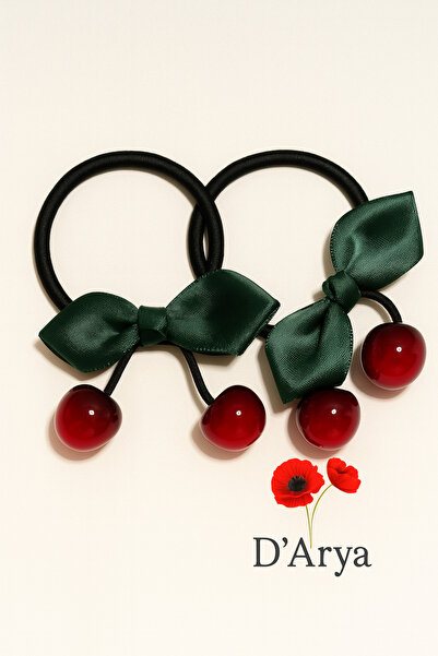 Darya DD418 شريط شعر من الساتان الأخضر مع كرز زجاجي (مجموعة من 2) للأطفال الصغار