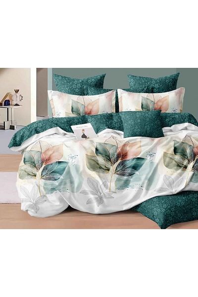 OEM Double Bed Linen, Leaf Print, Reversible Bedsheet, 6 Pieces, 2 Persons, 230x245cm, Finet, Multicolor
