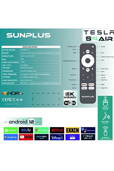 sunplus TESLA S2 AİR 4K ANDROİD TV BOX 2GB RAM 16GB HAFIZA WİFİ6