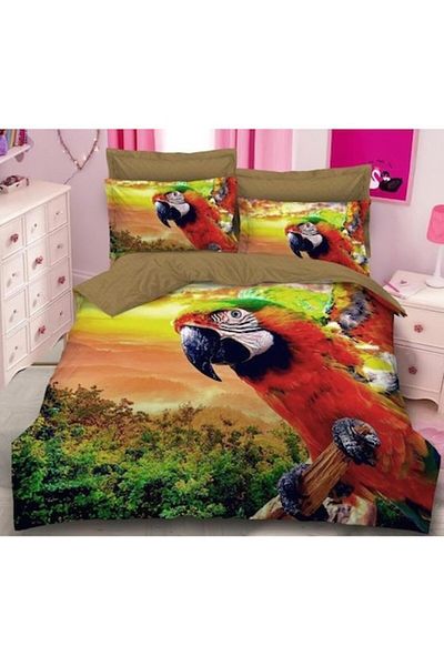 Pucioasa Set Lenjerie Pat Dublu, Față-verso, Pucioasa, Imprimeu 3D cu Papagal, 6 Piese, 2 Persoane, 240x250cm, Satin Fi