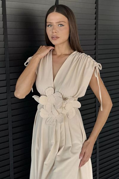 GÜLSELİ Beige Daisy Appliqued Double Breasted Dress