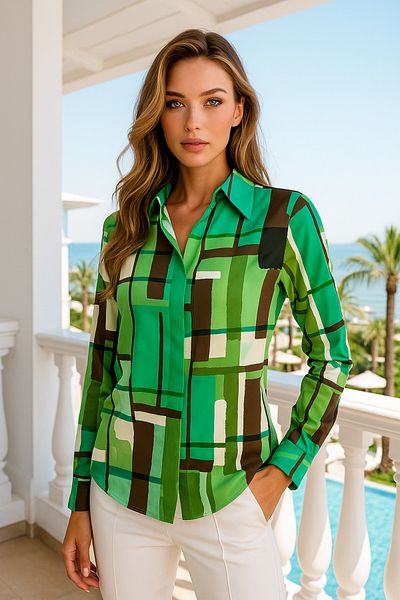 Rich Cămașă de damă din satin verde - Cămașă Desing cu detaliu de nasturi ascunși