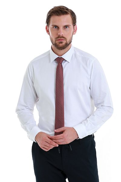 Hatemoğlu White Slim Fit Plain 100% Cotton Slim Neckline Long Sleeve Satin Shirt