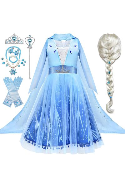 OEM Elsa Frozen Deluxe Costume for Girls, Set with Wig, Crown, Wand, Gloves and Jewelry, 6-7 years, 140cm