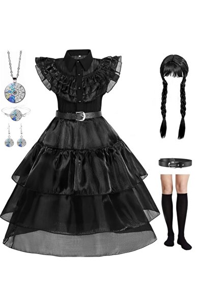 OEM Costum Wednesday Addams Fetite - Rochie Neagra cu Peruca, Bijuterii si Ciorapi, 4-5 ani, 120 cm
