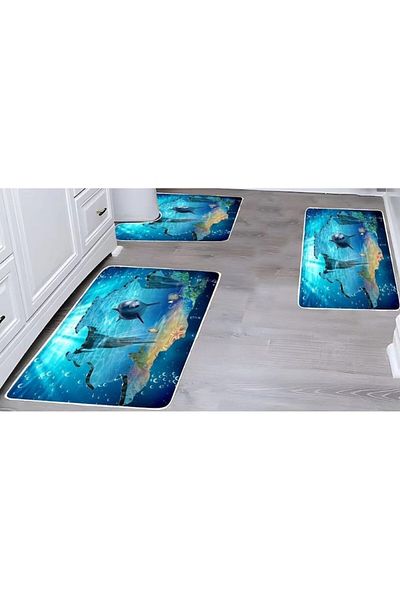 OEM Set 3 covoare de baie, antiderapante, imprimeu cu delfini, 50x60cm, 50x80cm, 60x100cm, multicolore