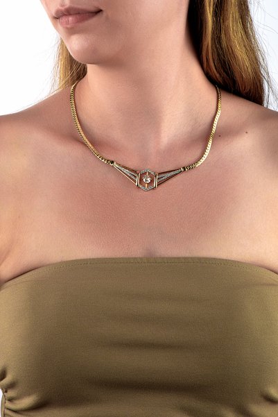 innuendo jewelery Gold Colored Hexagonal Form Stone Crushed Chain Necklace