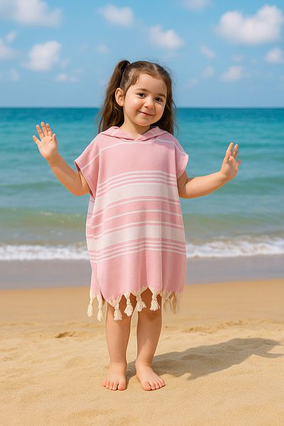 Formeya Kinder-Bademantel, Poncho, 100 % Baumwolle, Strandtuch, Pestemal, Rosa