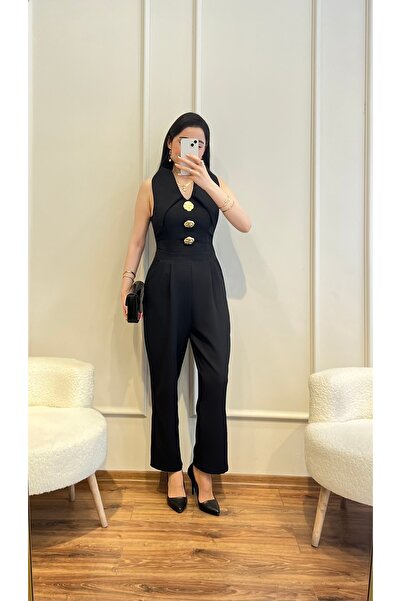 Zims Butik Gold Düğmeli Yaka Detaylı Tasarım Tulum Siyah