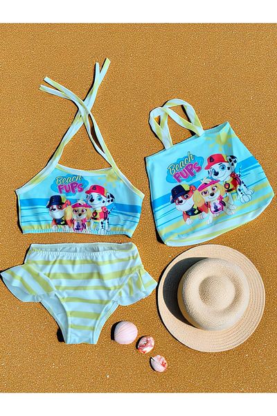 MİLAYS LİFE HOME COLLECTİON Girl's Character Printed Skirt with Ruffles - Rope Tie Bag Swimsuit Bikini 3 Piece Set
